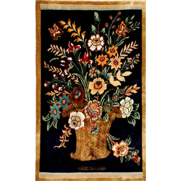 Pure Silk on Silk Hamdan Daulatabadi Eclipse-Blue Kashmiri Carpet with Knotted Flower Vase 